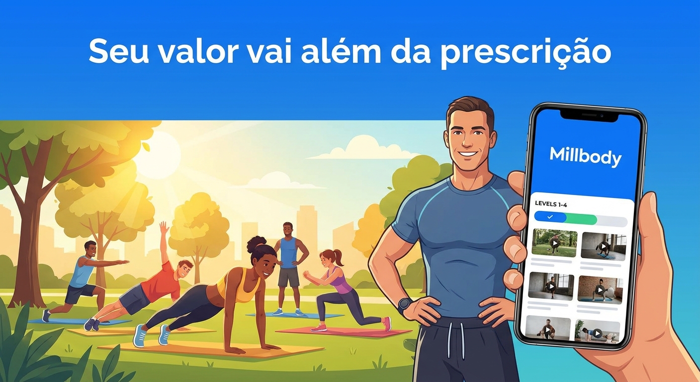 Instrutor de calistenia usando app Millbody para registrar progresso do aluno em nível de treino