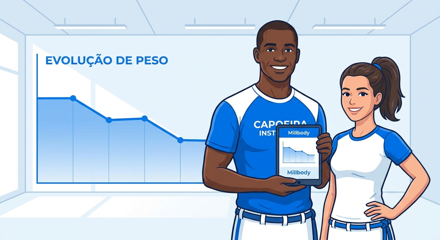 Instrutor de capoeira usando o app Millbody como coach de emagrecimento ao lado de aluno feliz
