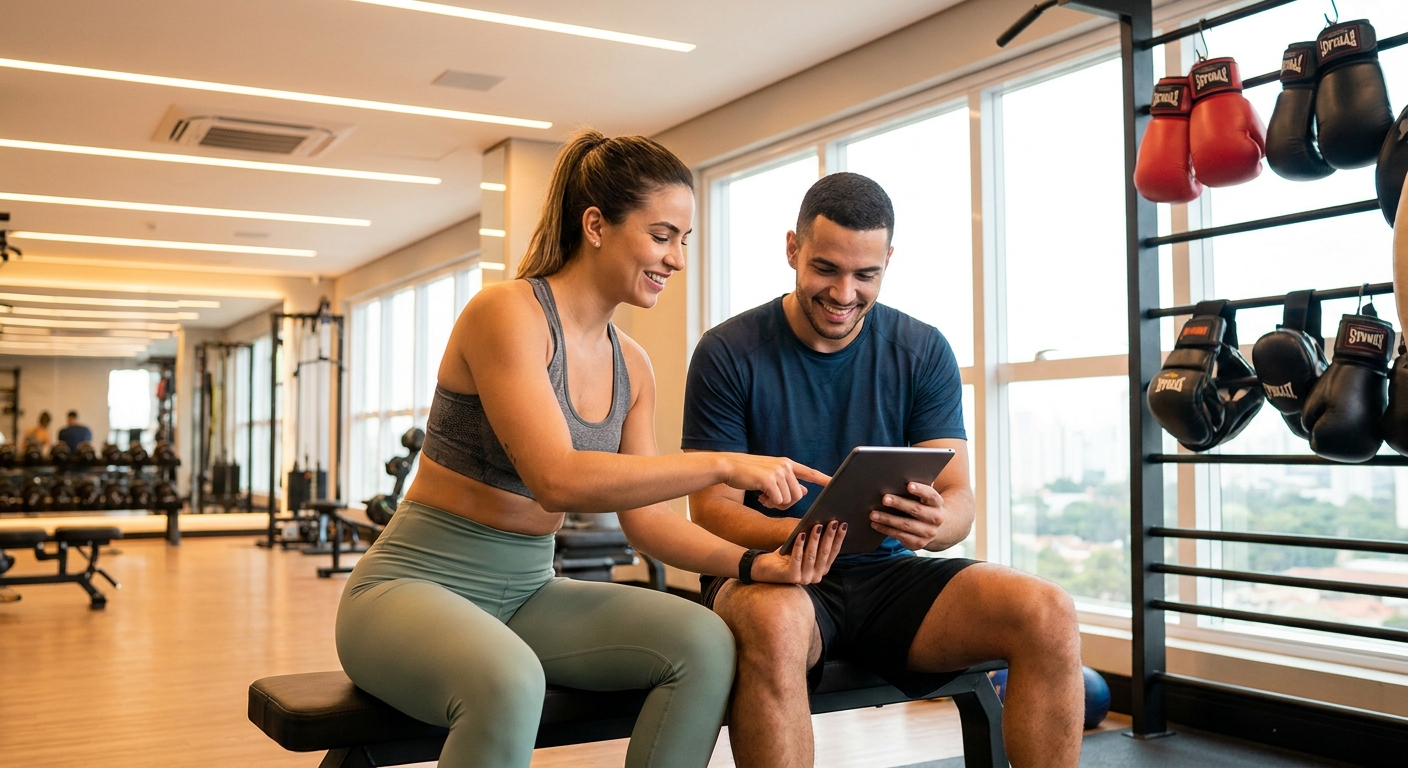 Coach de Emagrecimento interagindo com aluno e mostrando plano de treino no tablet