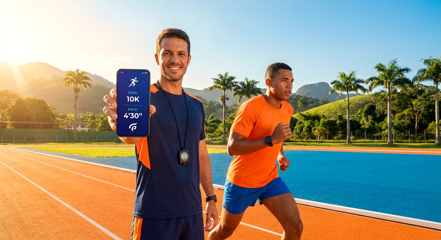Coach de corrida usando app Millbody para acompanhar aluno durante treino ao ar livre
