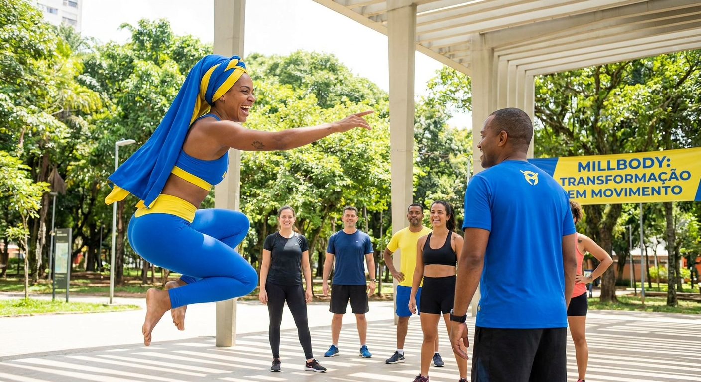 Millbody Coach Transformação programa 30 dias personal trainer orientando grupo ao ar livre