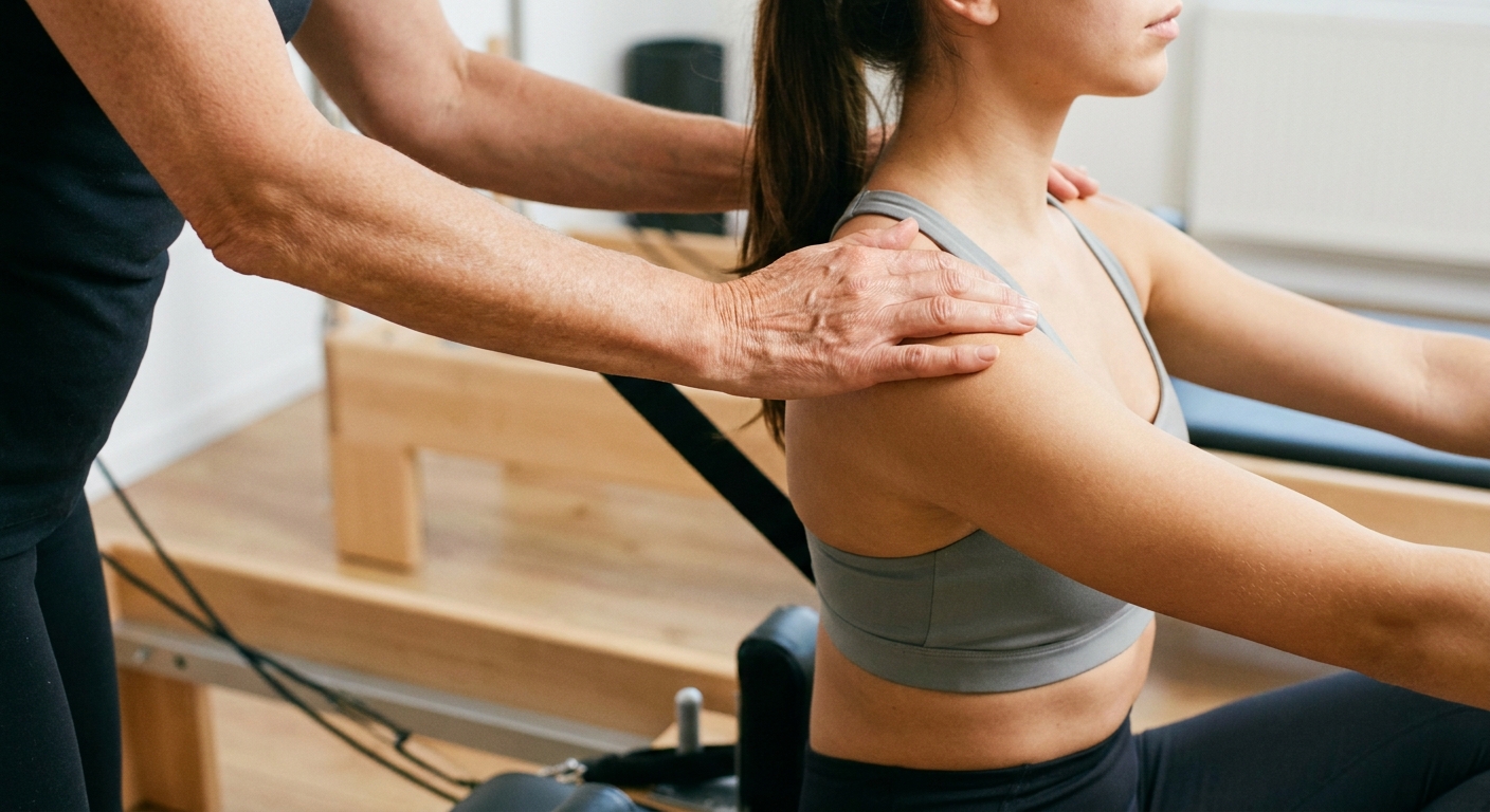 Correção postural no Pilates Mãos de instrutor ajustando postura de aluno no reformer