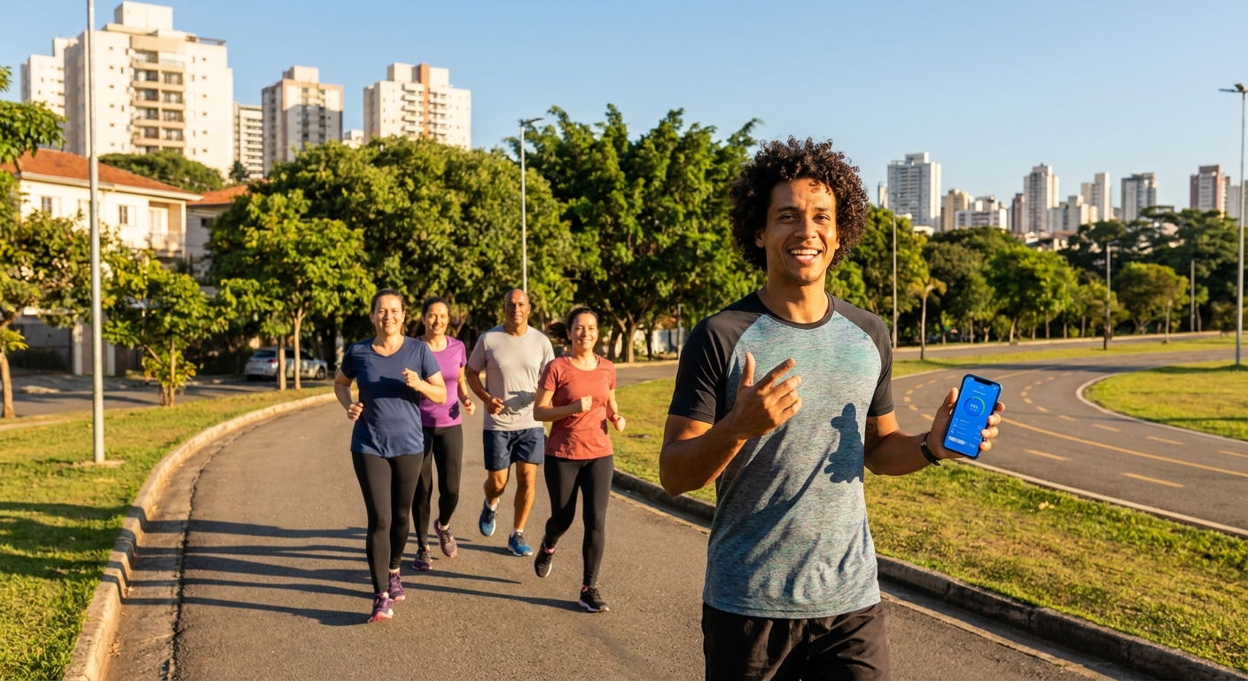 Instrutor de corrida de rua usando o aplicativo Personal Millbody ao ar livre com grupo de alunos