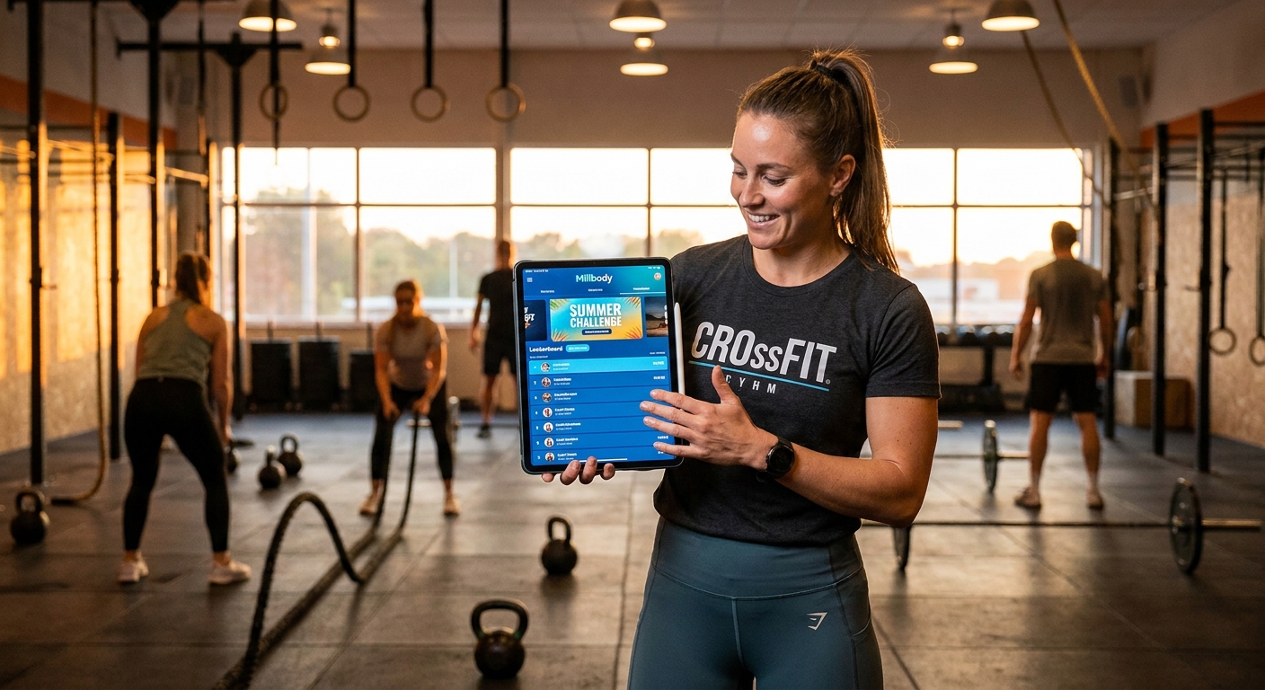 Millbody vs MFit - App personalizado para treinadores de Cross Training Treinador de Cross Training usando o app Millbody com leaderboard e desafios diários