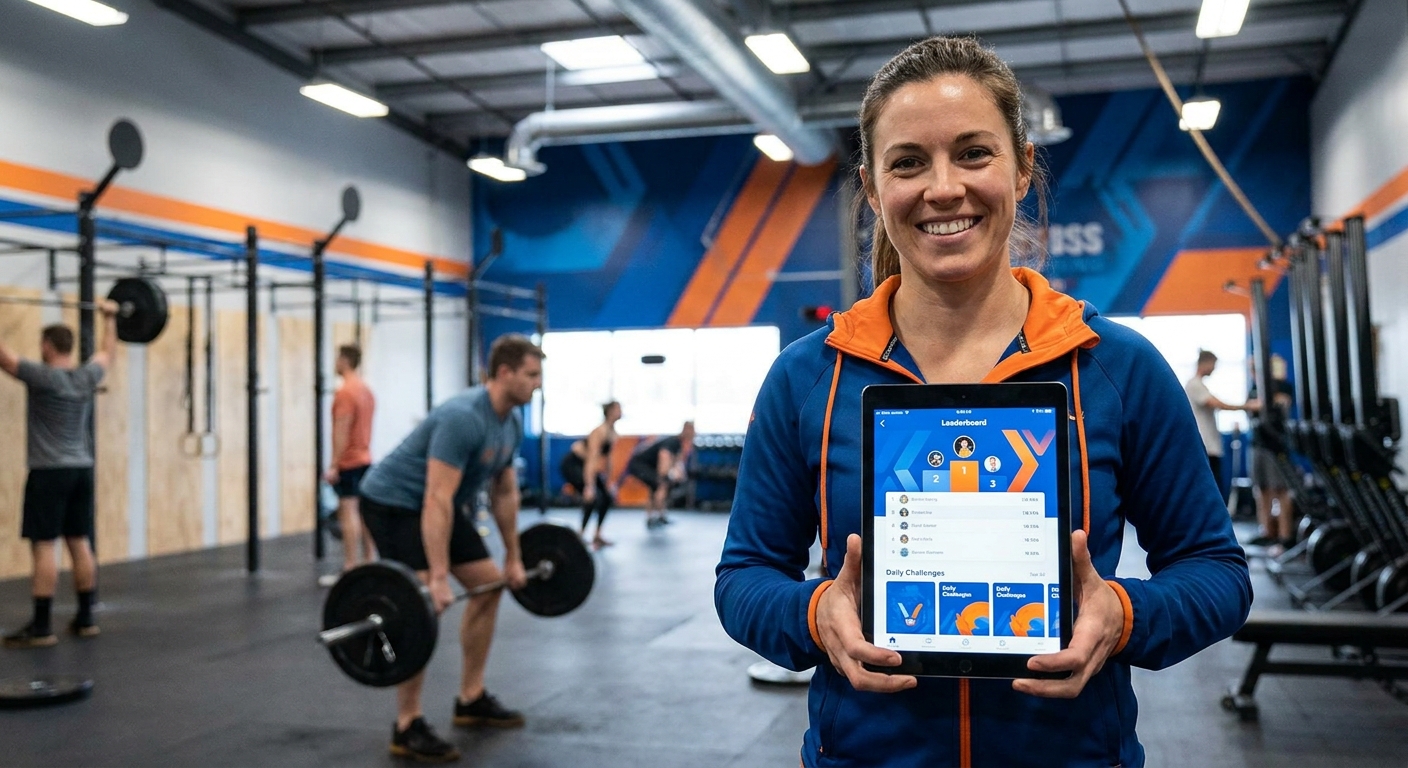 Treinador de Cross Training sorrindo segurando tablet com app Millbody aberto mostrando leaderboard e desafios diários em um box de treino