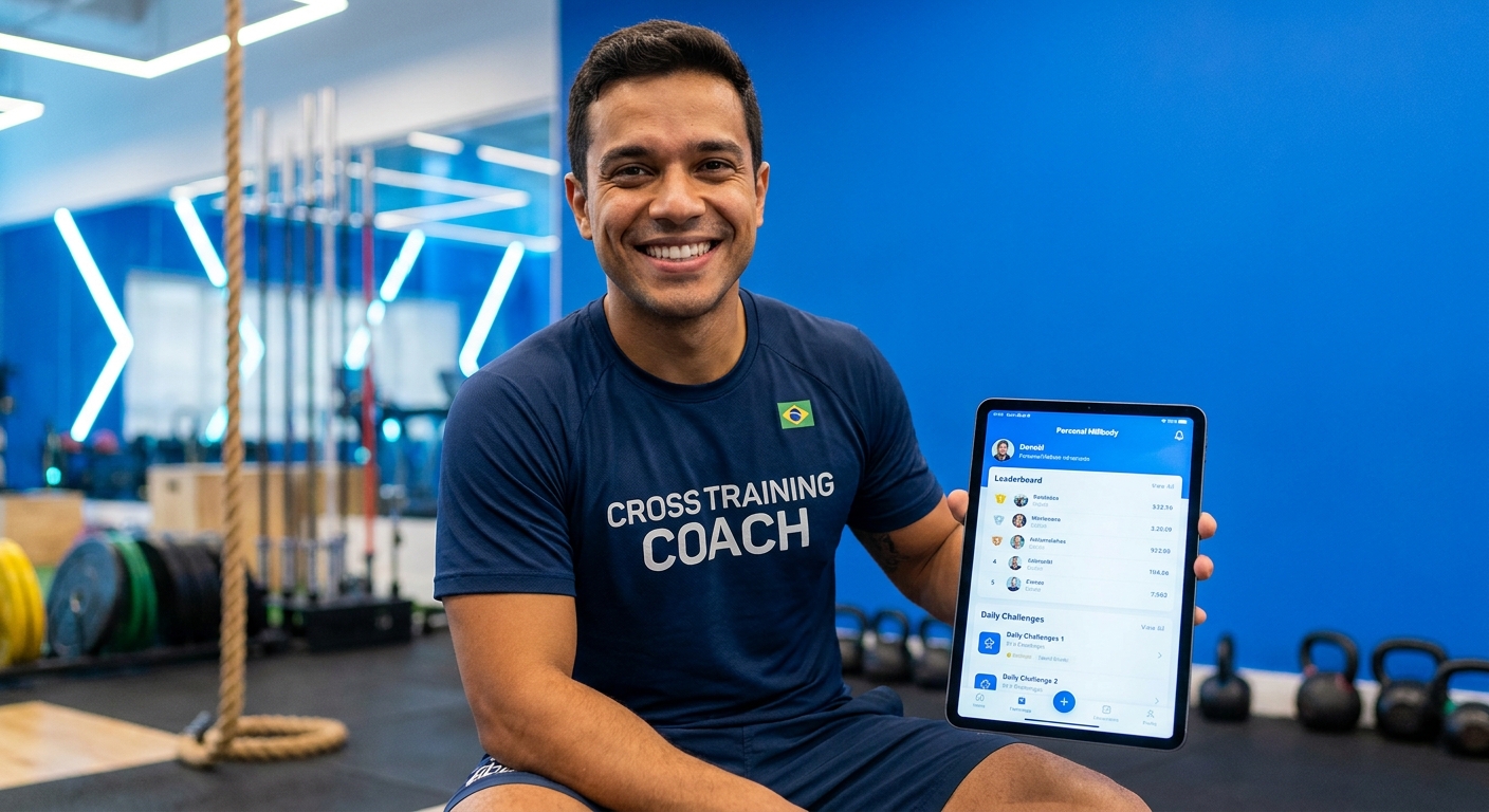 Treinador de cross training usando o aplicativo Personal Millbody com leaderboard e desafios diários