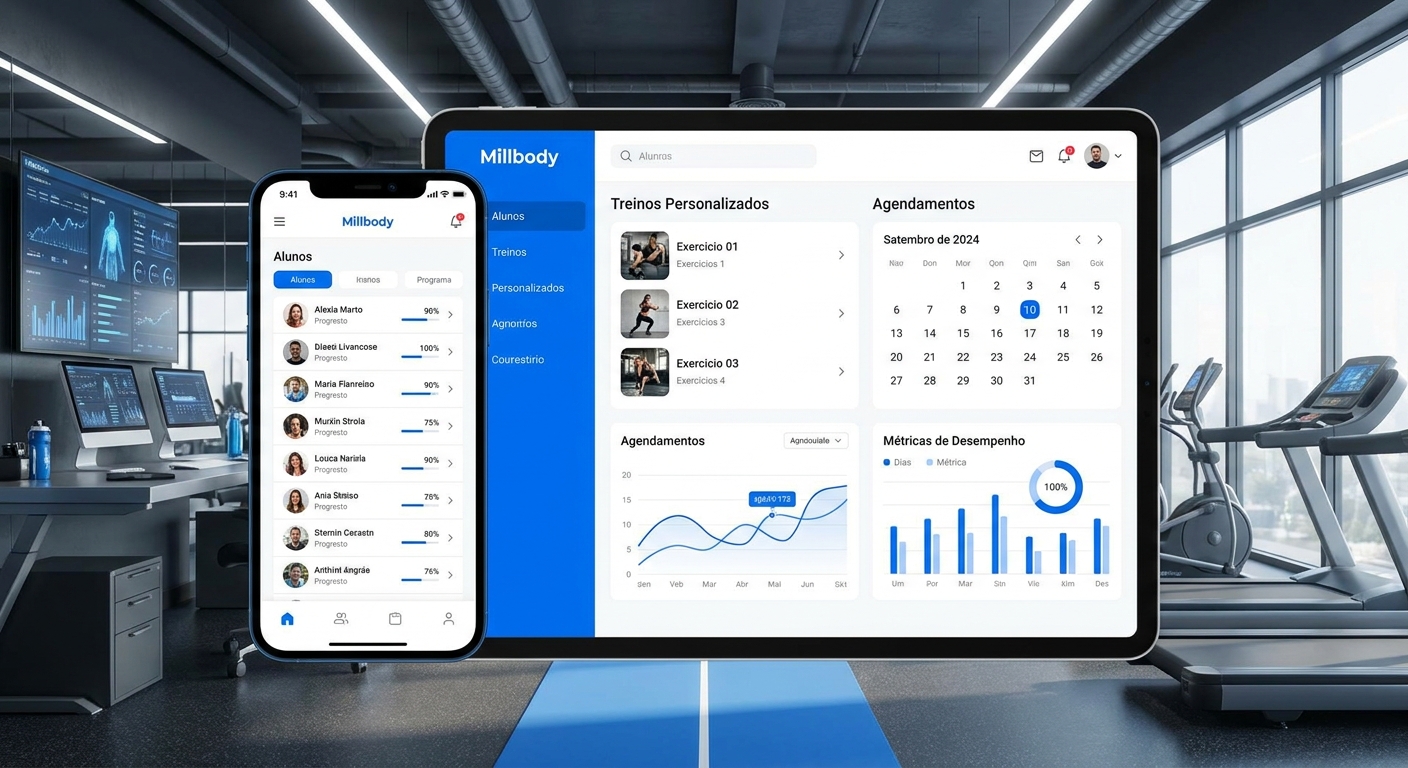Dashboard do app Millbody mostrando gestão de alunos, treinos personalizados e métricas de desempenho para personal trainer