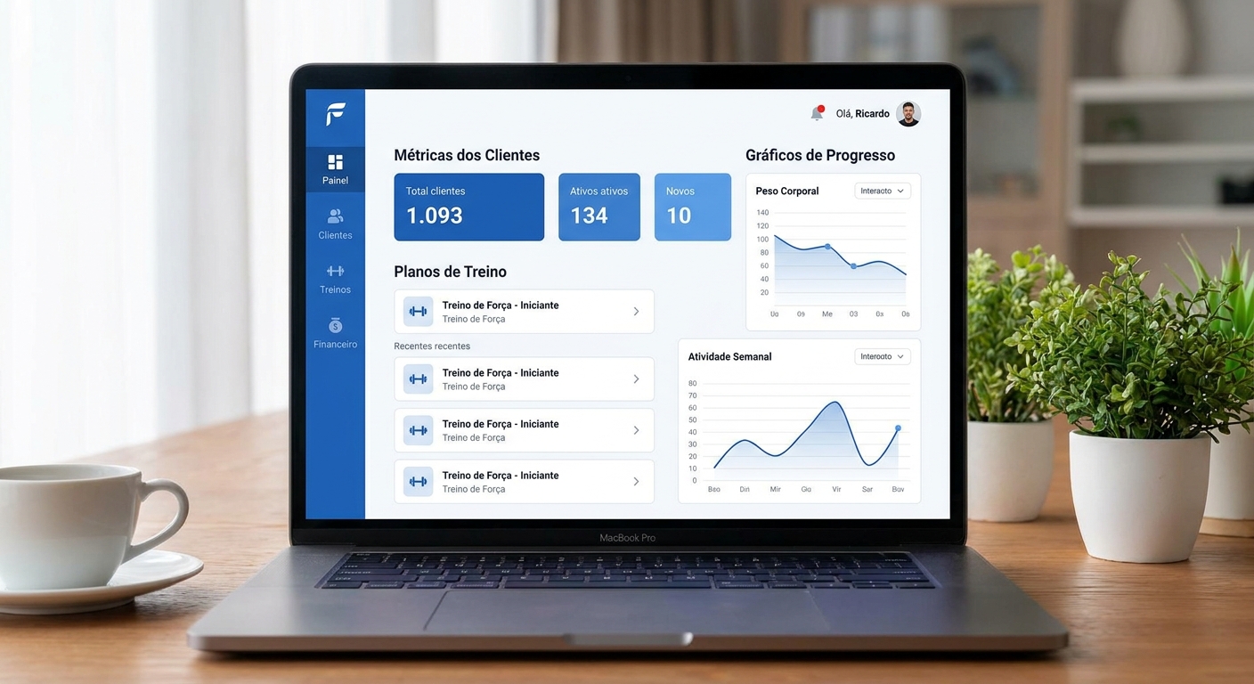 Dashboard do Millbody mostrando gráficos de gestão de alunos, métricas de treino e evolução física