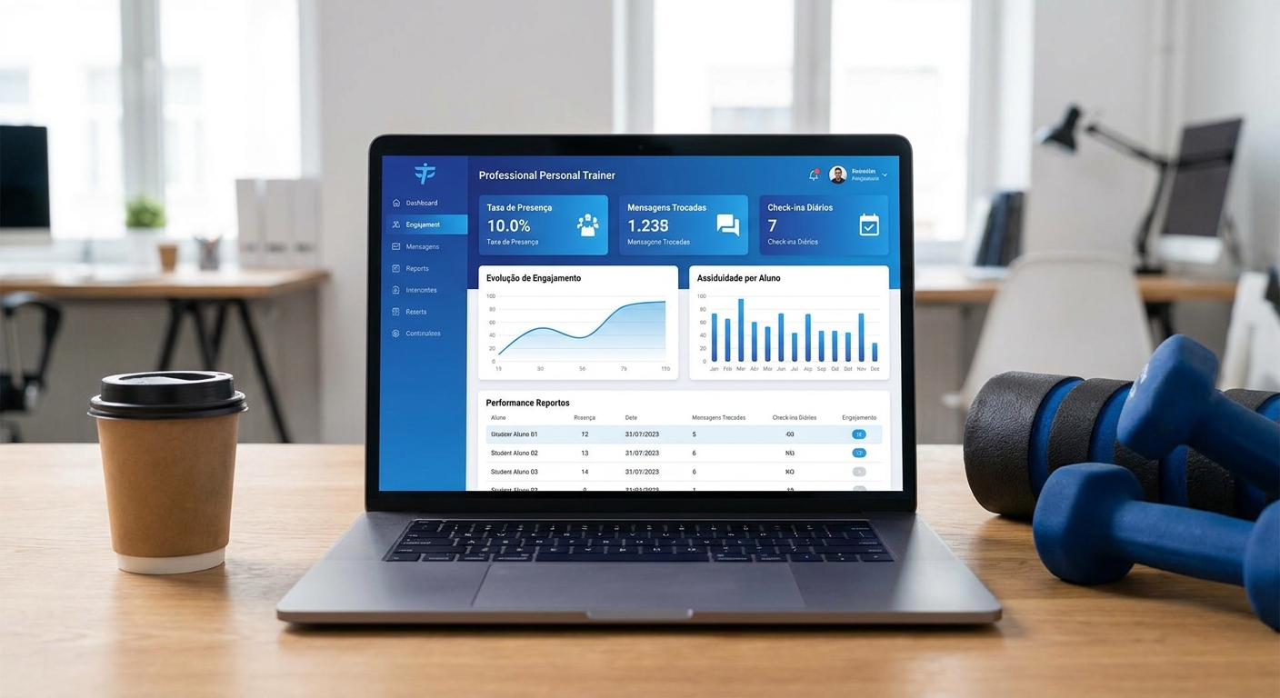 Dashboard da Millbody Personal mostrando métricas de engajamento de alunos e desempenho