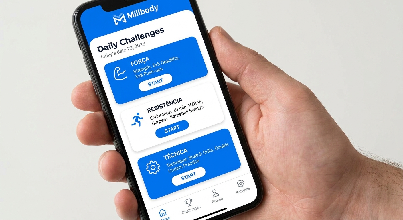 Tela do app Millbody mostrando desafios diários de força, resistência e técnica para alunos de Cross Training