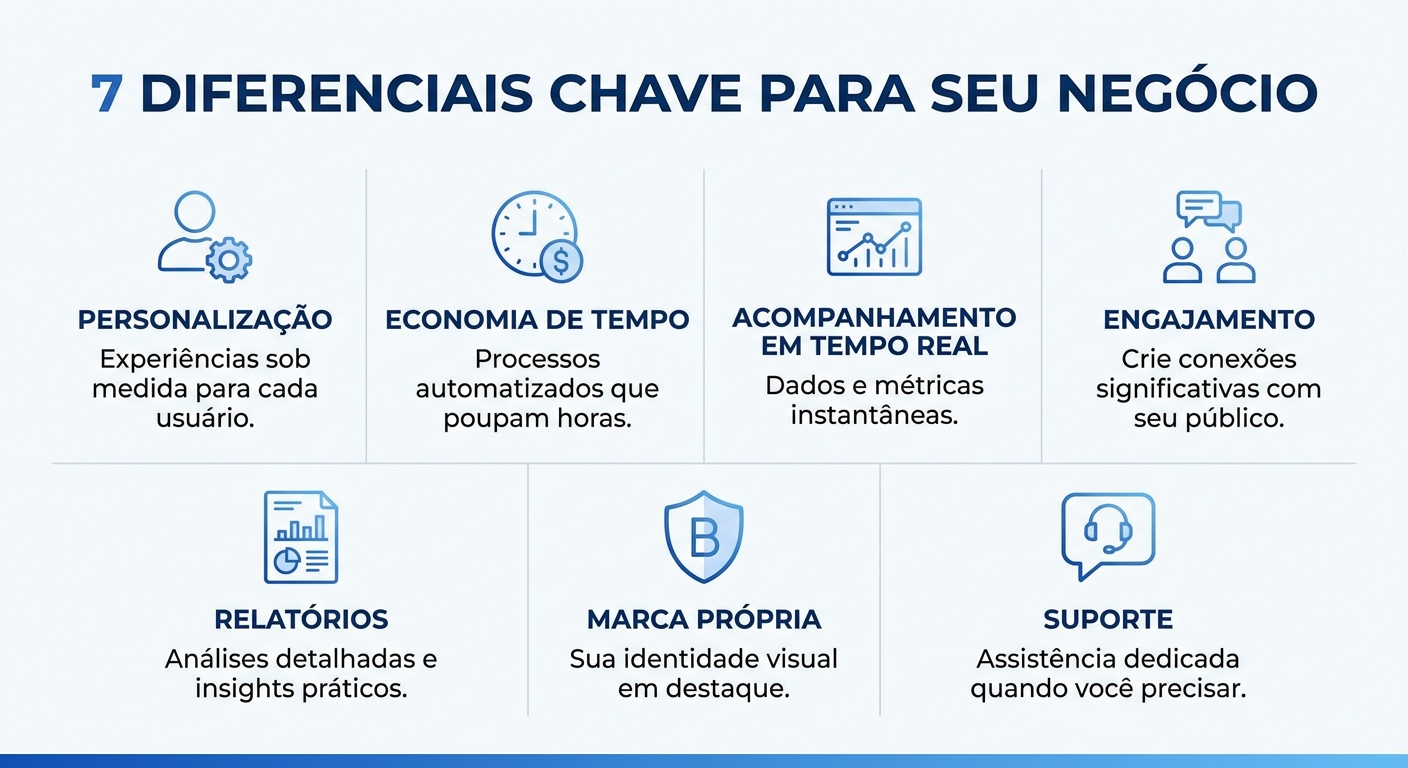 Infográfico com os 7 diferenciais do sistema Millbody para personal trainer: personalização, economia de tempo, acompanhamento em tempo real, engajamento, relatórios, marca própria e suporte