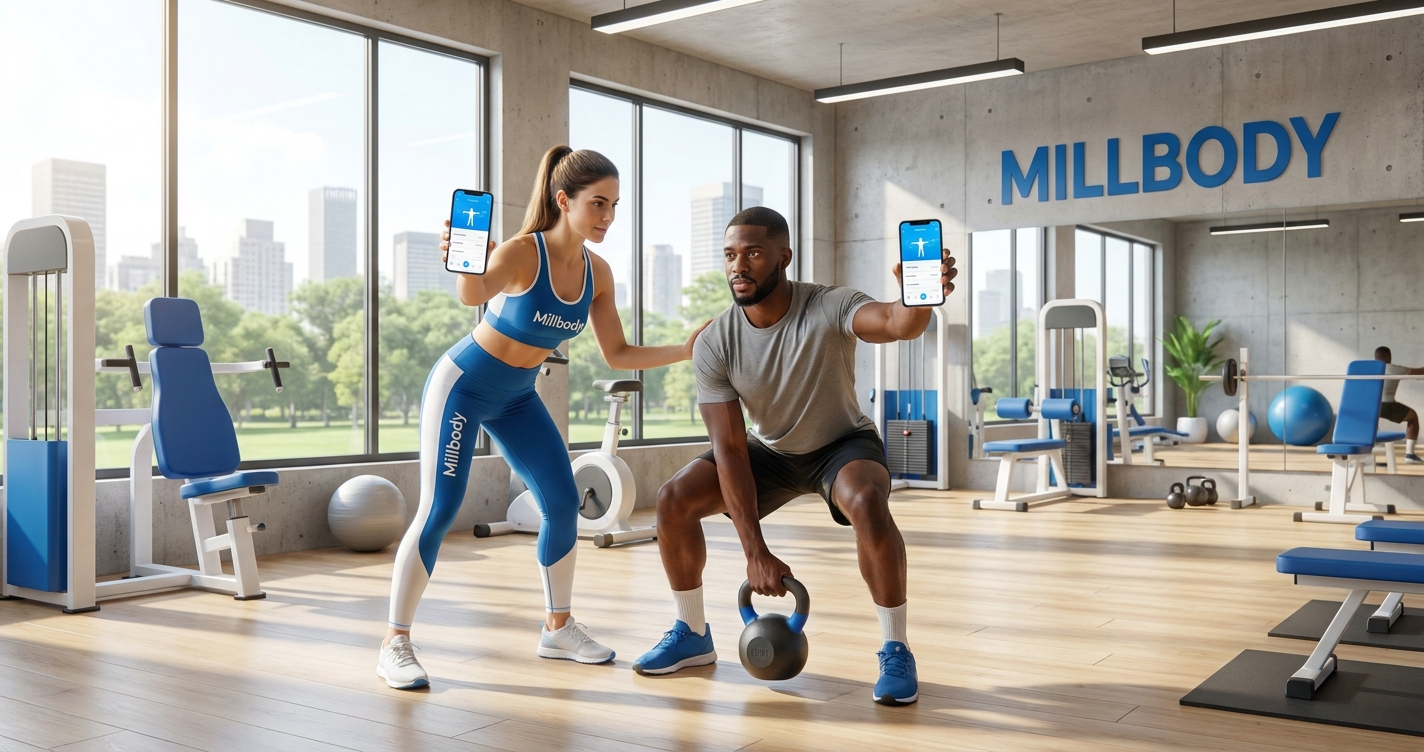 Fisioterapeuta esportivo orientando aluno HIIT com app Millbody