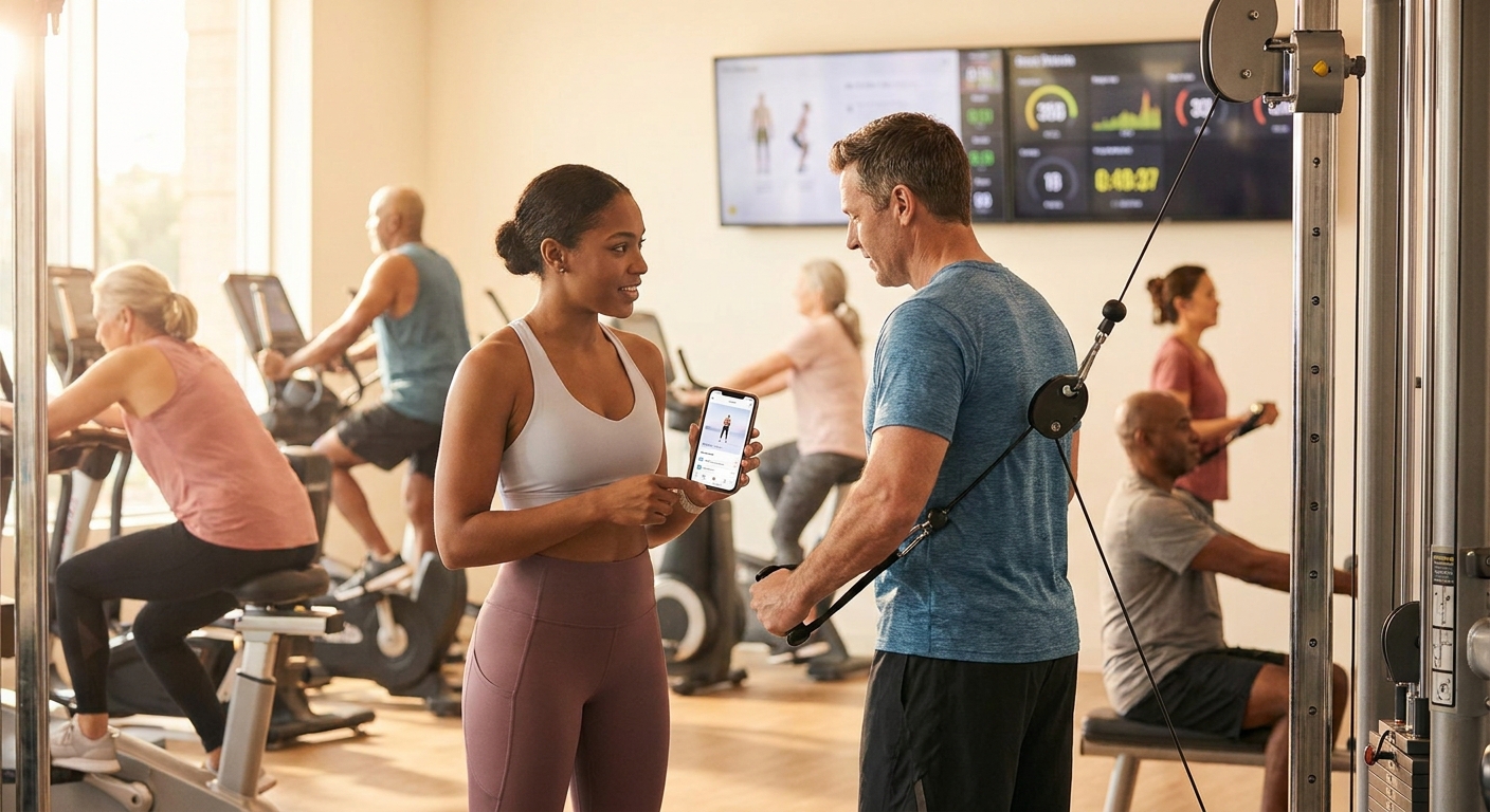 Personal trainer usando o app Millbody para motivar aluno com frases de treino na academia