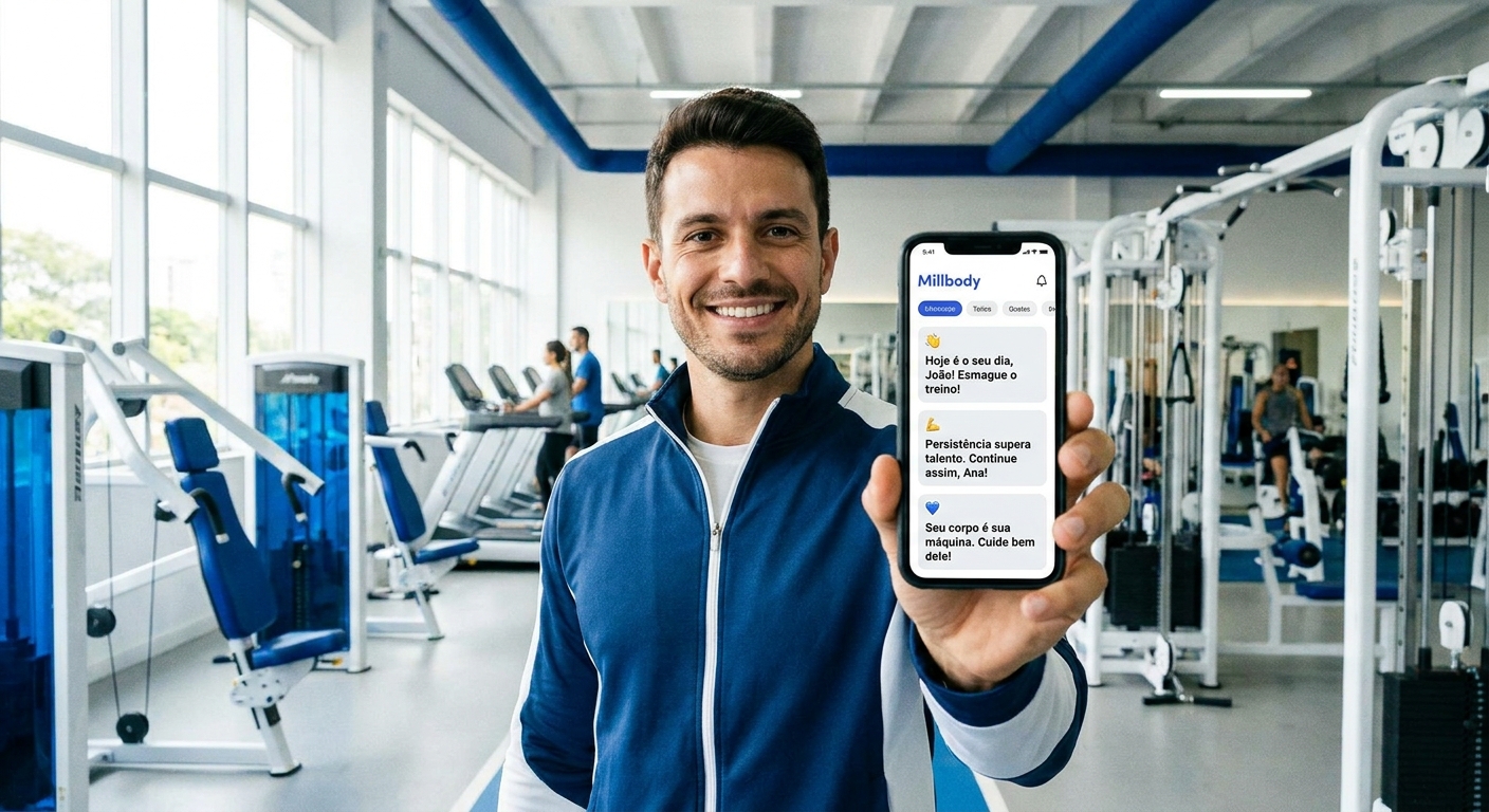 Personal trainer utilizando o Millbody, o melhor aplicativo para personal trainer, com frases de treino personalizadas na tela do smartphone