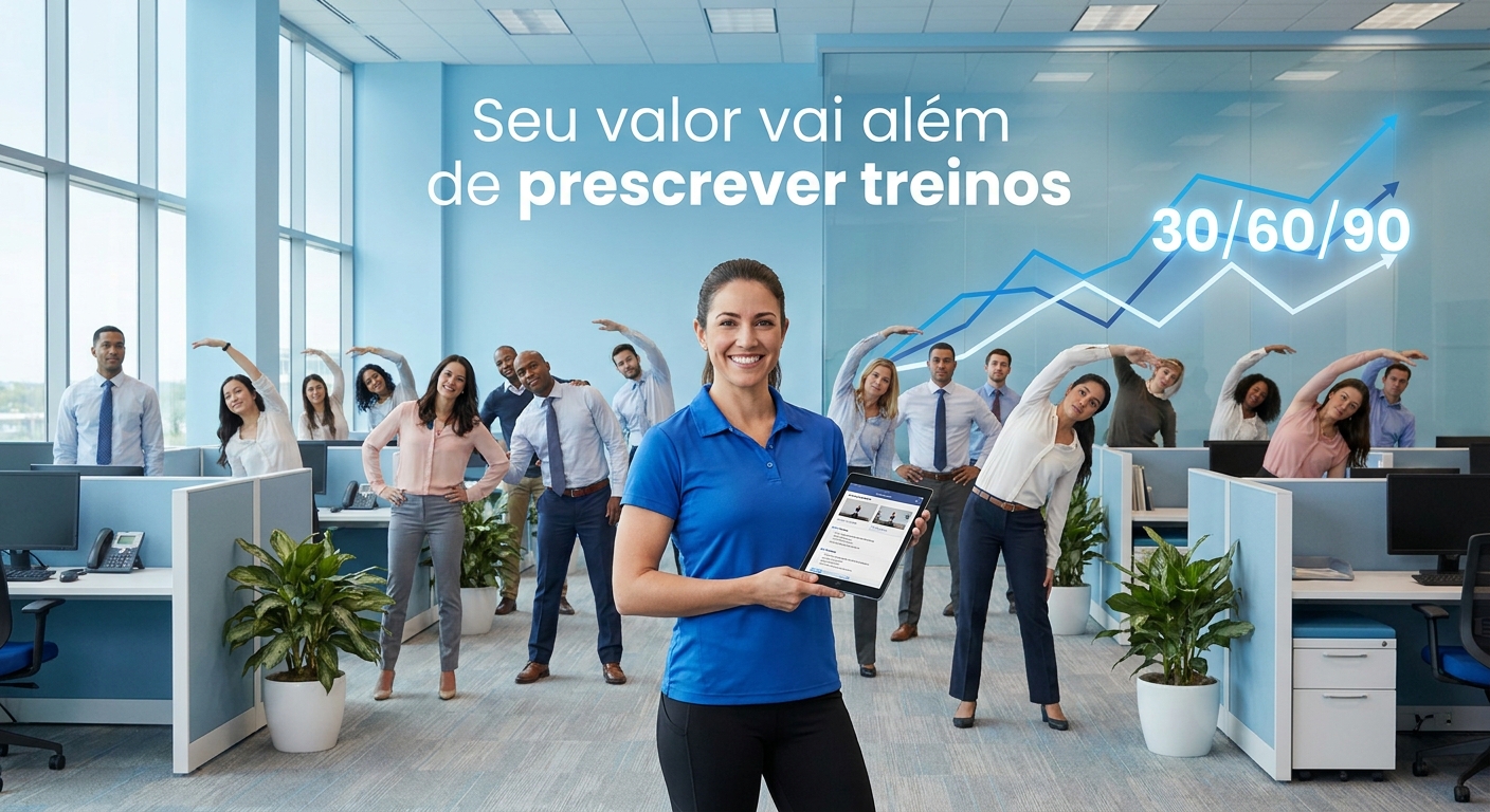 Seu valor vai além de prescrever treinos - Personal Millbody Profissional de ginástica laboral sorrindo com tablet e grupo diverso em ambiente corporativo - Personal Millbody