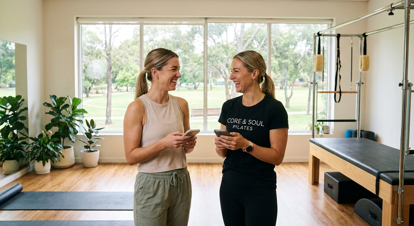 Instrutor de Pilates usando Personal Millbody com aluno Instrutor e aluno usando o app Millbody juntos