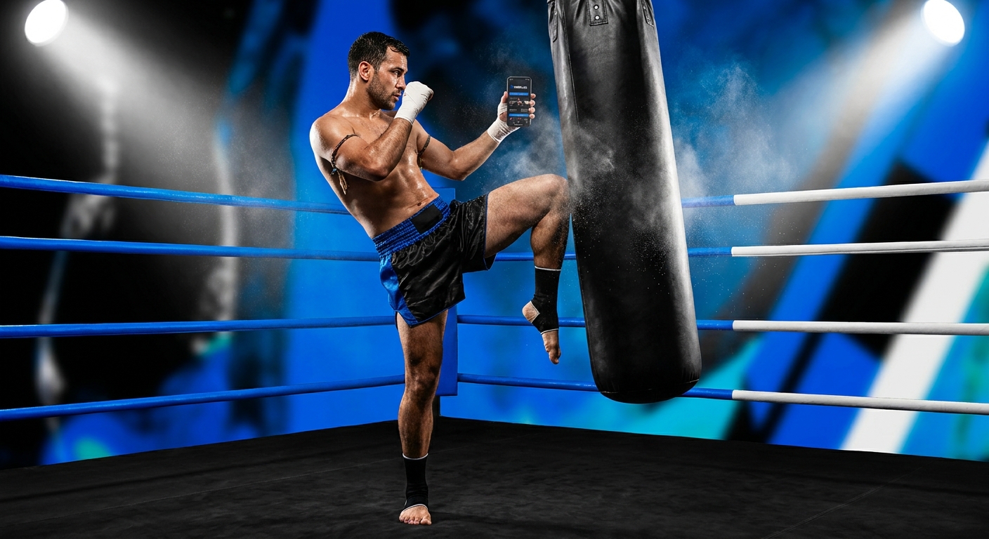 Instrutor de Muay Thai aplicando técnica no saco de pancada com celular mostrando o app Millbody ao lado