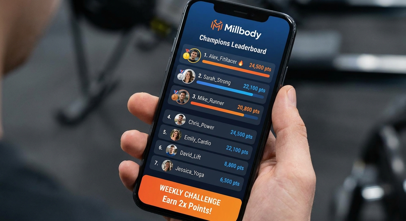 Tela do leaderboard do app Millbody mostrando ranking de alunos com pontuações e medalhas em desafios de Cross Training