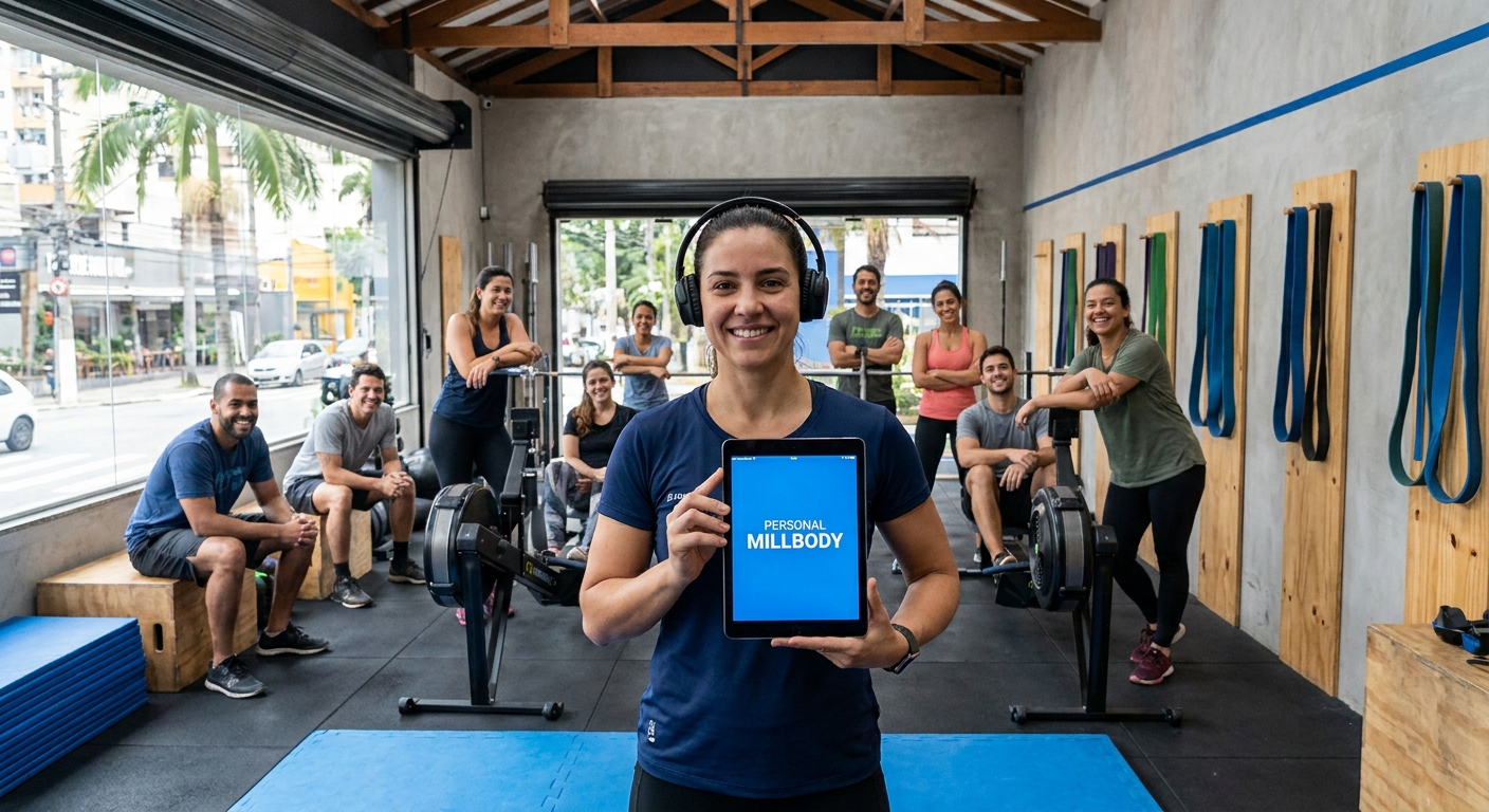 Instrutor de Meditação em Movimento utilizando plataforma Personal Millbody com alunos em pausa ativa