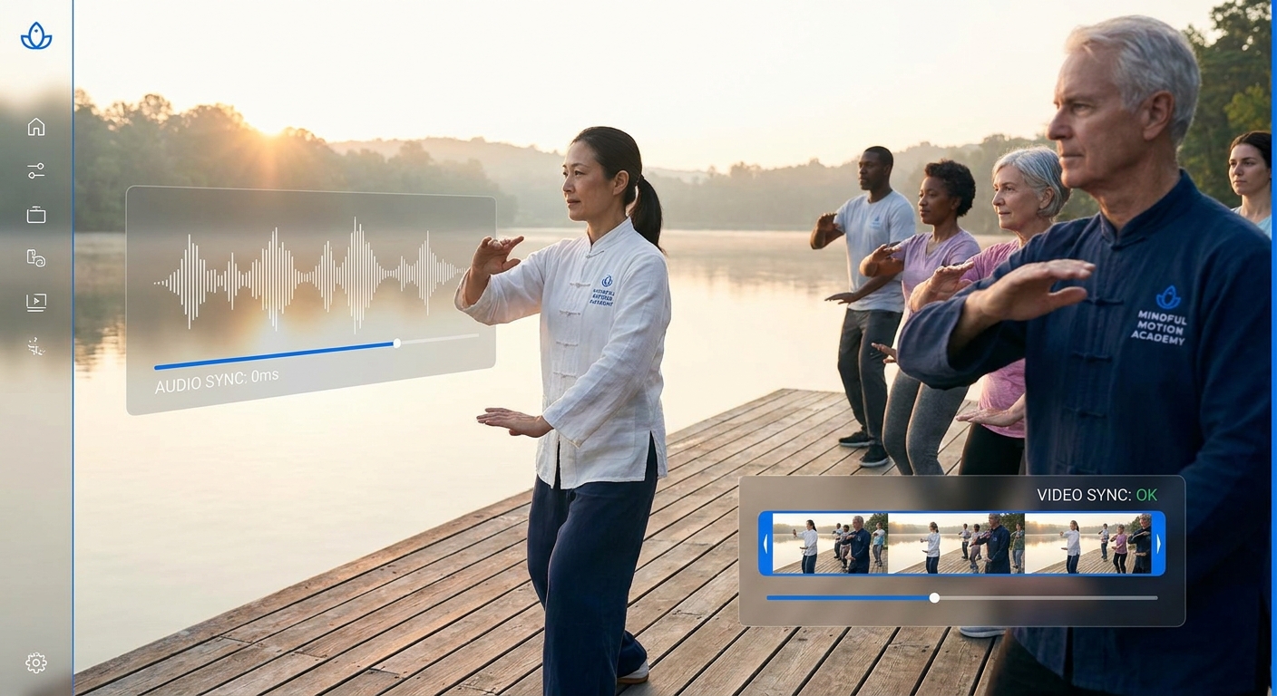 Instrutora de meditação em movimento utilizando a plataforma Personal Millbody com elementos de sincronização de áudio e vídeo