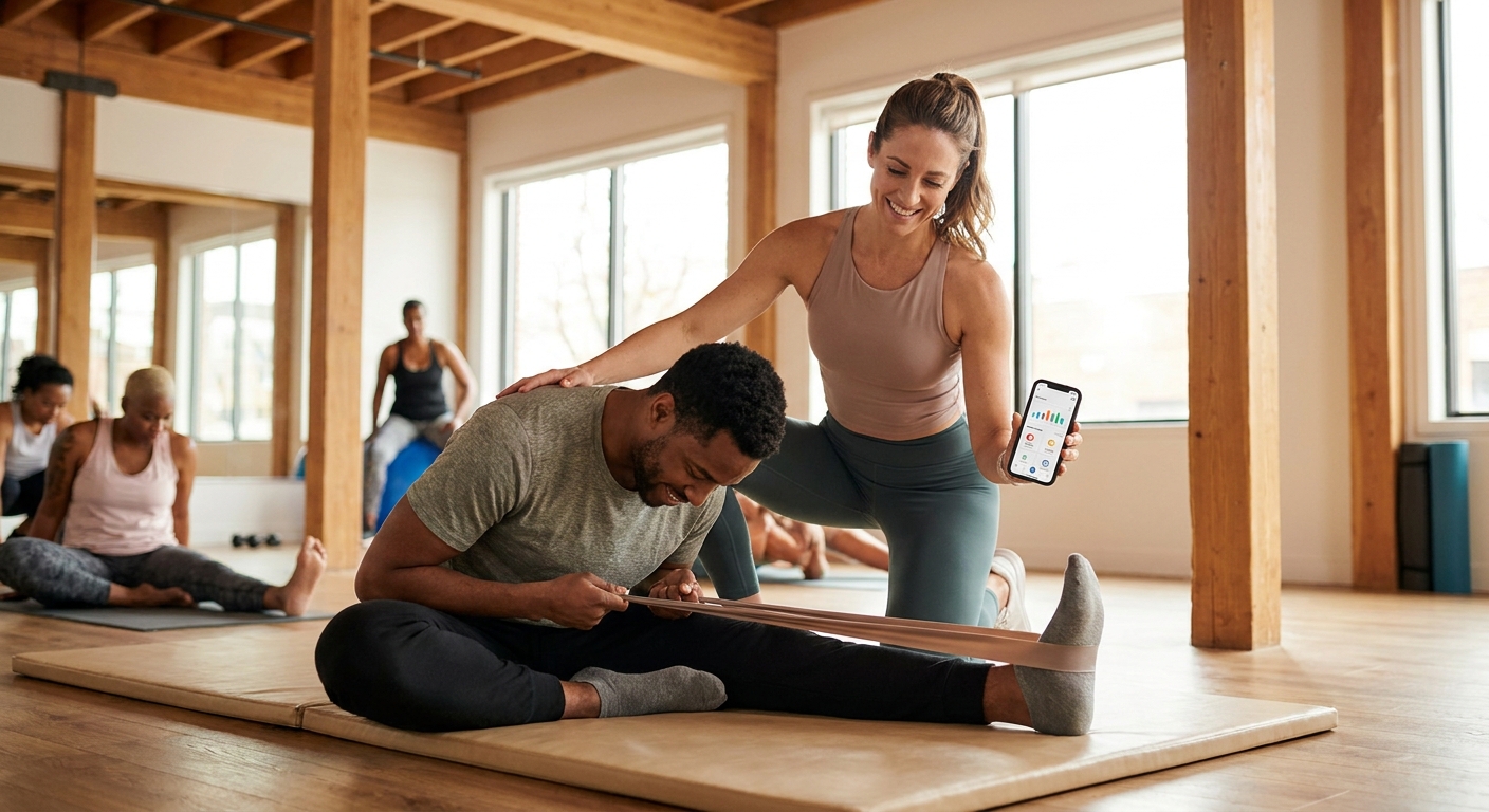 Personal trainer de cross training auxiliando aluno em exercício de mobilidade e alongamento com suporte do app Millbody