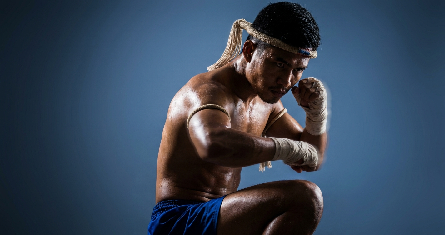Personal trainer de Muay Thai em posição de luta com gradiente azul da Millbody ao fundo
