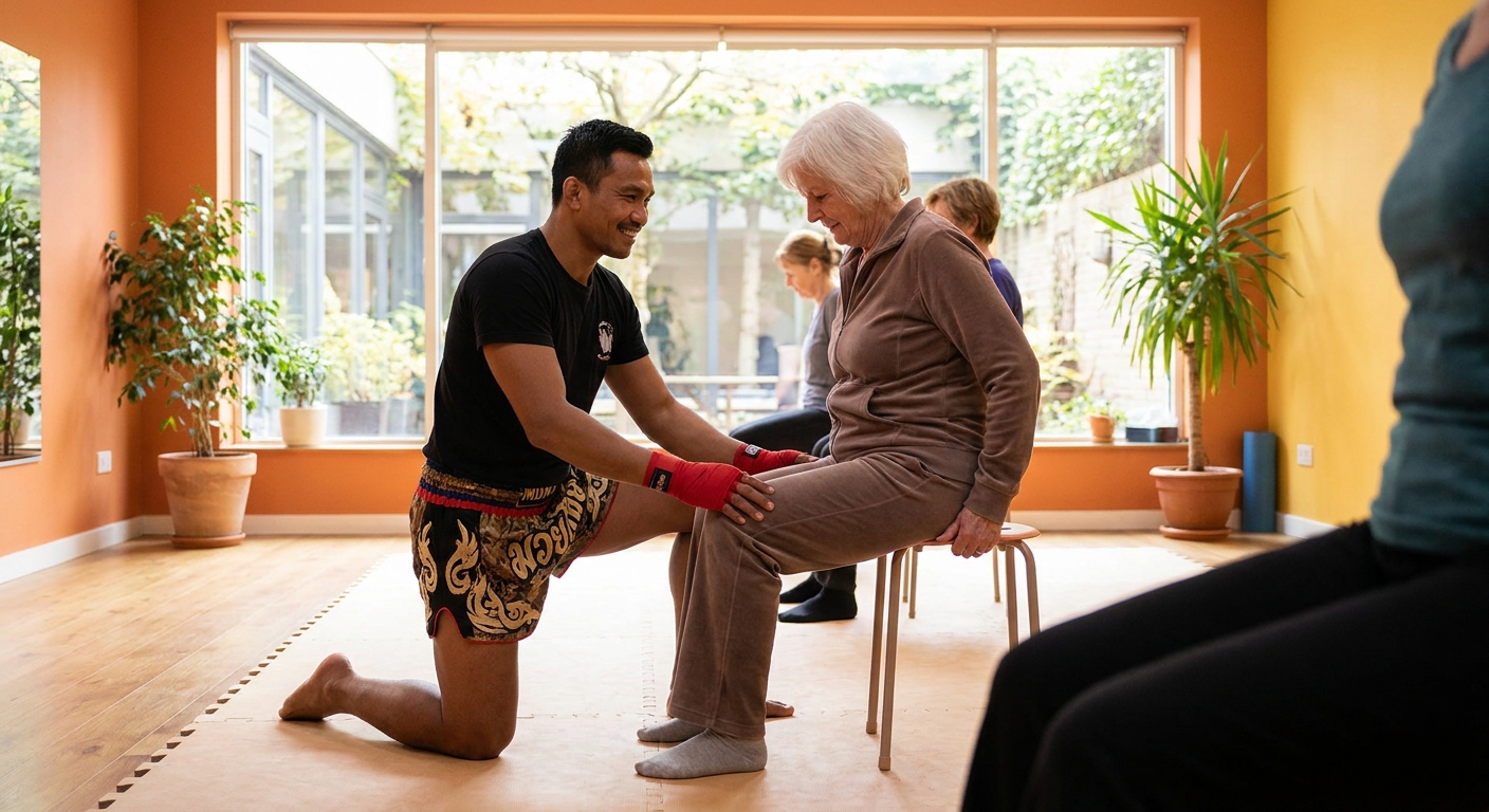 Personal trainer de Muay Thai ensinando mobilidade articular para idoso usando Personal Millbody