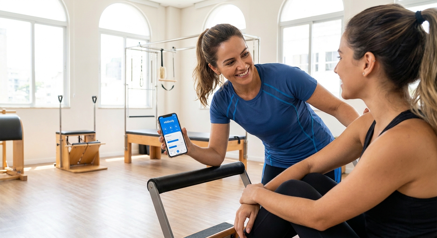 Millbody para Pilates – valor profissional além da prescrição Instrutora de Pilates utilizando o app Millbody para acompanhar aluna em estúdio moderno