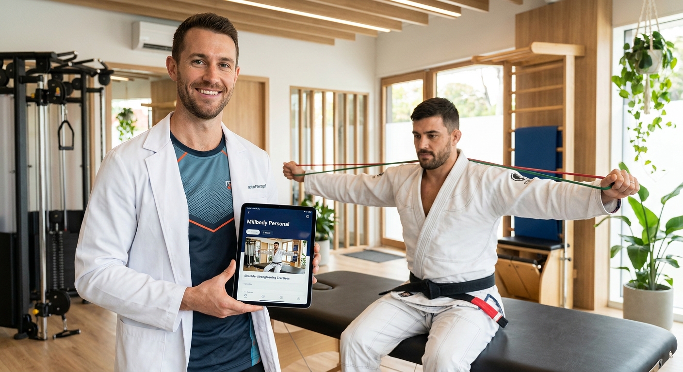 Fisioterapeuta de BJJ utilizando aplicativo Millbody Personal para demonstrar exercício de fortalecimento de ombro