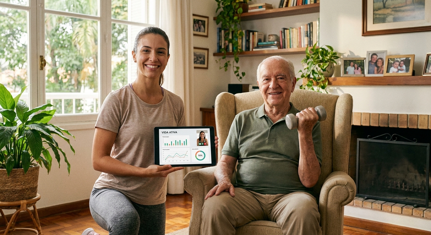 Personal Trainer de terceira idade usando app Millbody para acompanhamento remoto