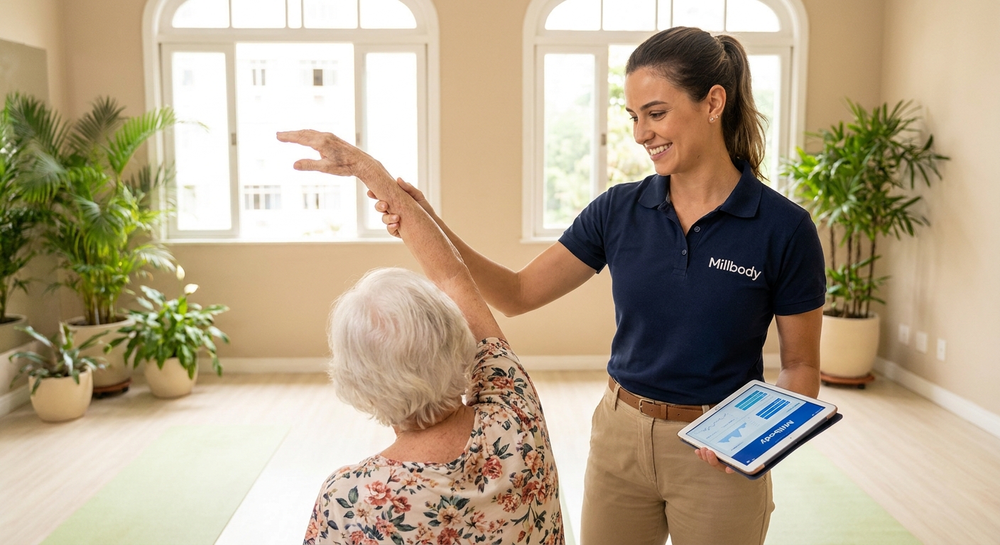 Personal trainer auxiliando idoso com exercício leve usando app Millbody