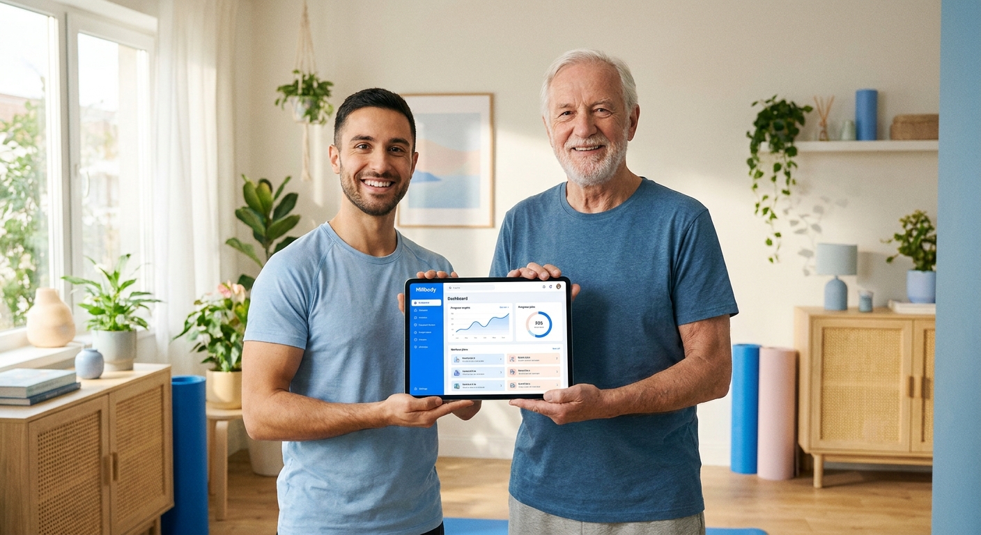 Personal trainer usando Millbody com idoso em movimento de longevidade