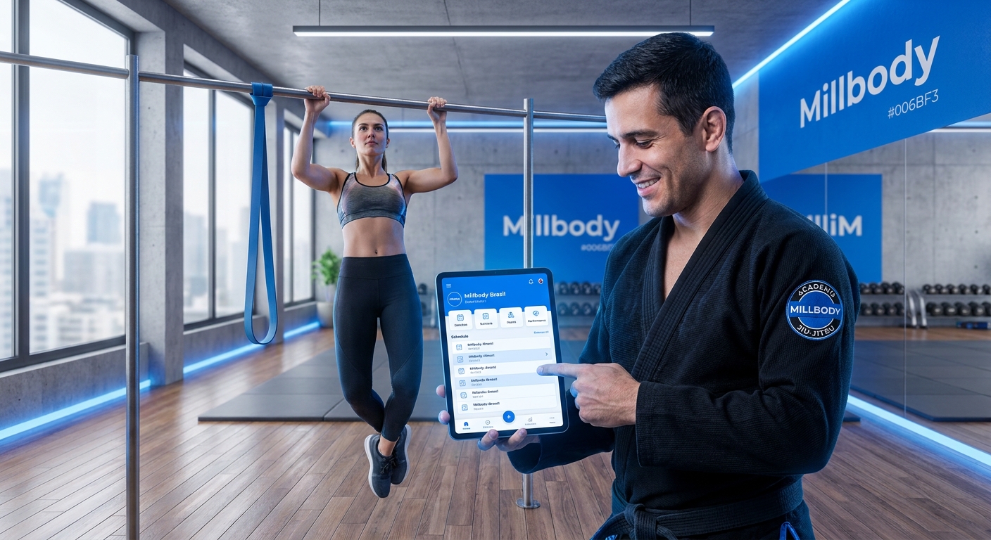 Personal trainer de Jiu-Jitsu usando app Millbody com aluno de calistenia