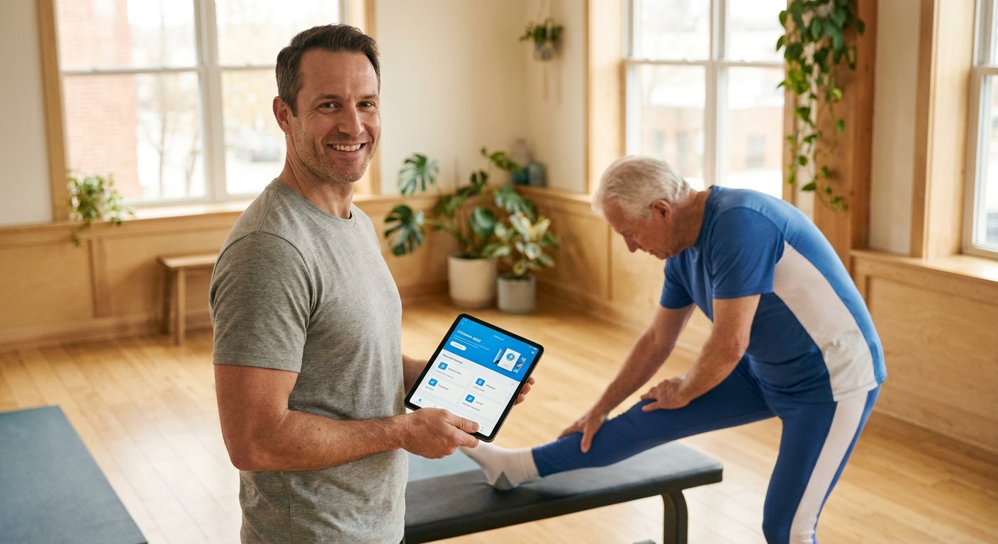 Personal trainer sorrindo ao lado de aluno idoso usando tablet com app Millbody