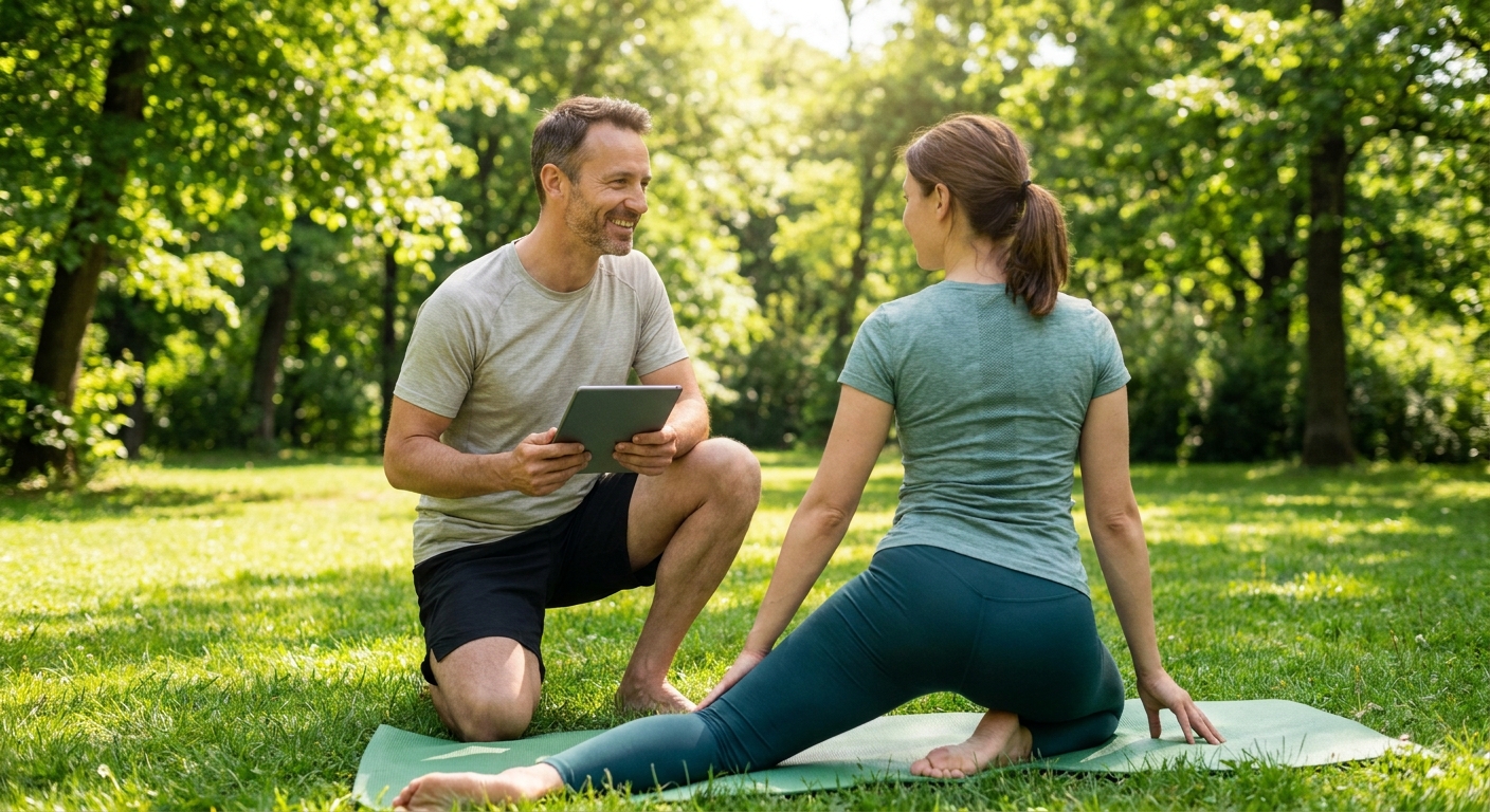 Instrutor de Pilates com Personal Millbody Instrutor de Pilates ao ar livre utilizando tecnologia da Personal Millbody