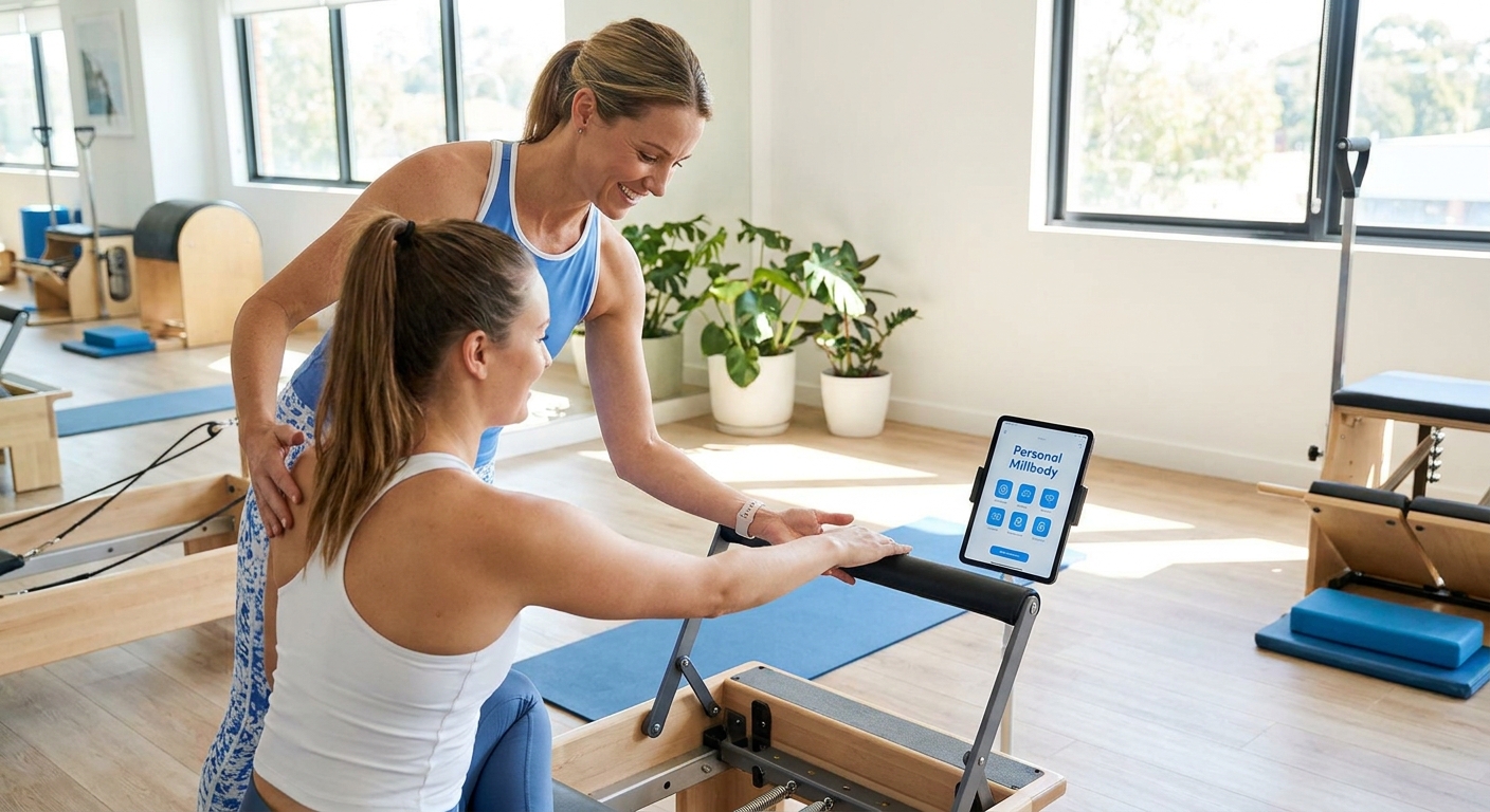 Professor de Pilates auxiliando aluno em exercício de mobilidade com app Personal Millbody ao fundo