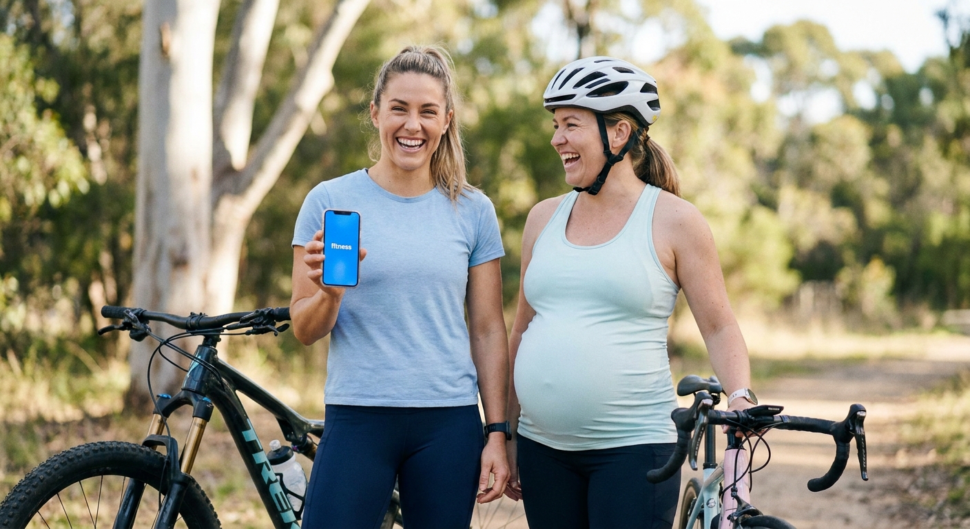 Treinadora pré e pós-parto usando Millbody para acompanhar aluna ciclista gestante