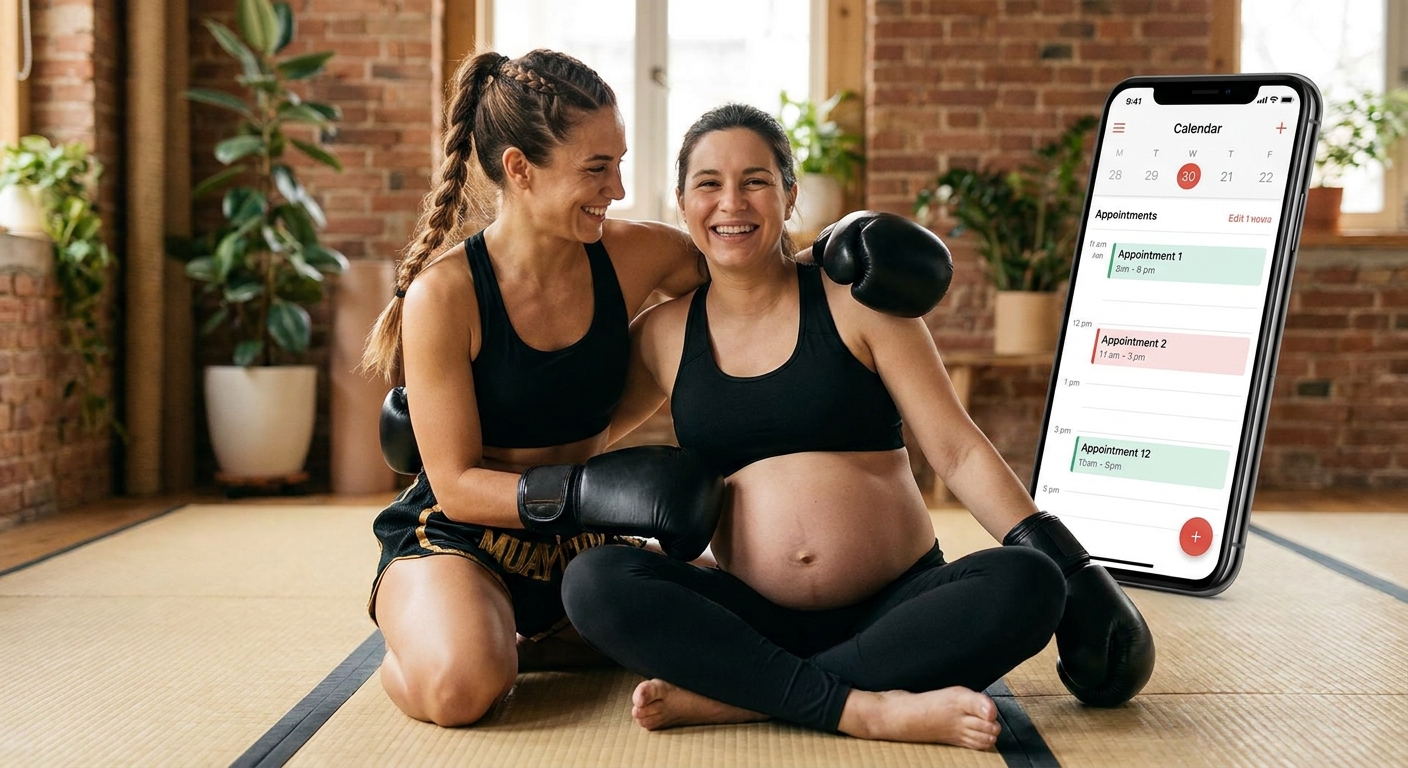 Treinadora de Muay Thai para gestantes usando o app Millbody para acompanhar alunas