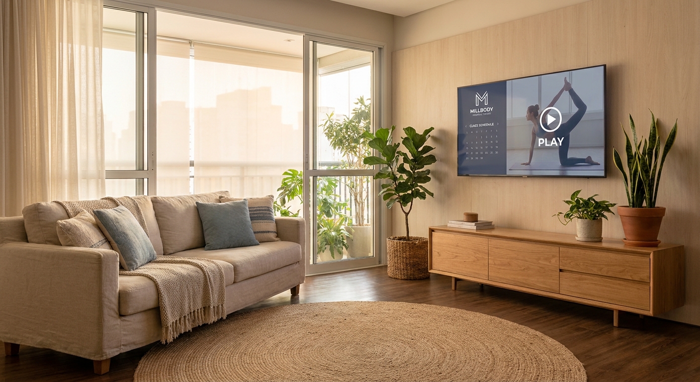 Sala de estar com TV exibindo a interface do Personal Millbody — a tecnologia que leva a sua marca para a sala do aluno.