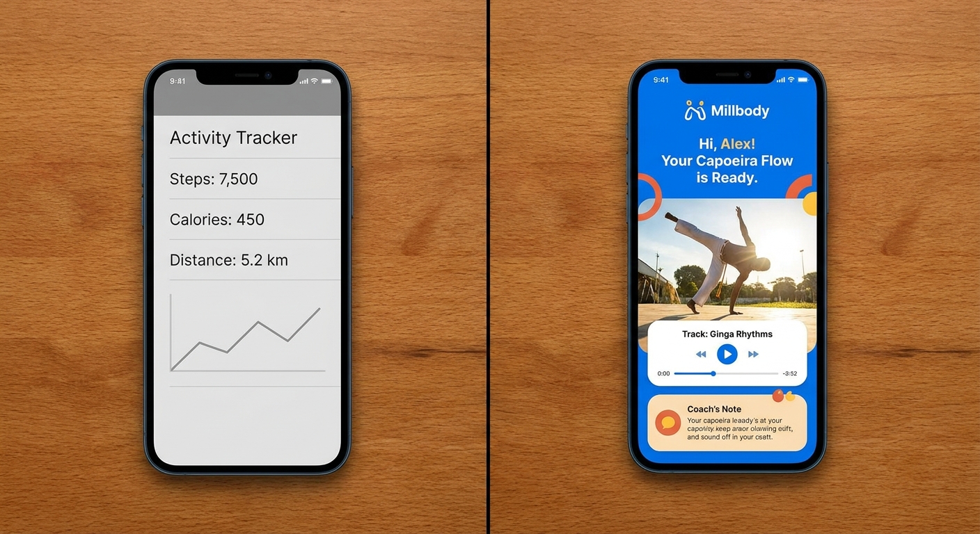 Millbody vs Apps Genéricos - Comparativo Comparação entre app genérico de treinos e o app Millbody personalizado para meditação em movimento