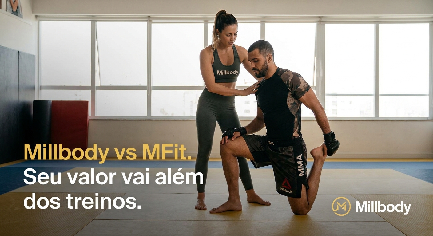 Millbody vs MFit – Seu valor vai além dos treinos Instrutora de alongamento auxiliando atleta de MMA com alongamento – Millbody personal trainer