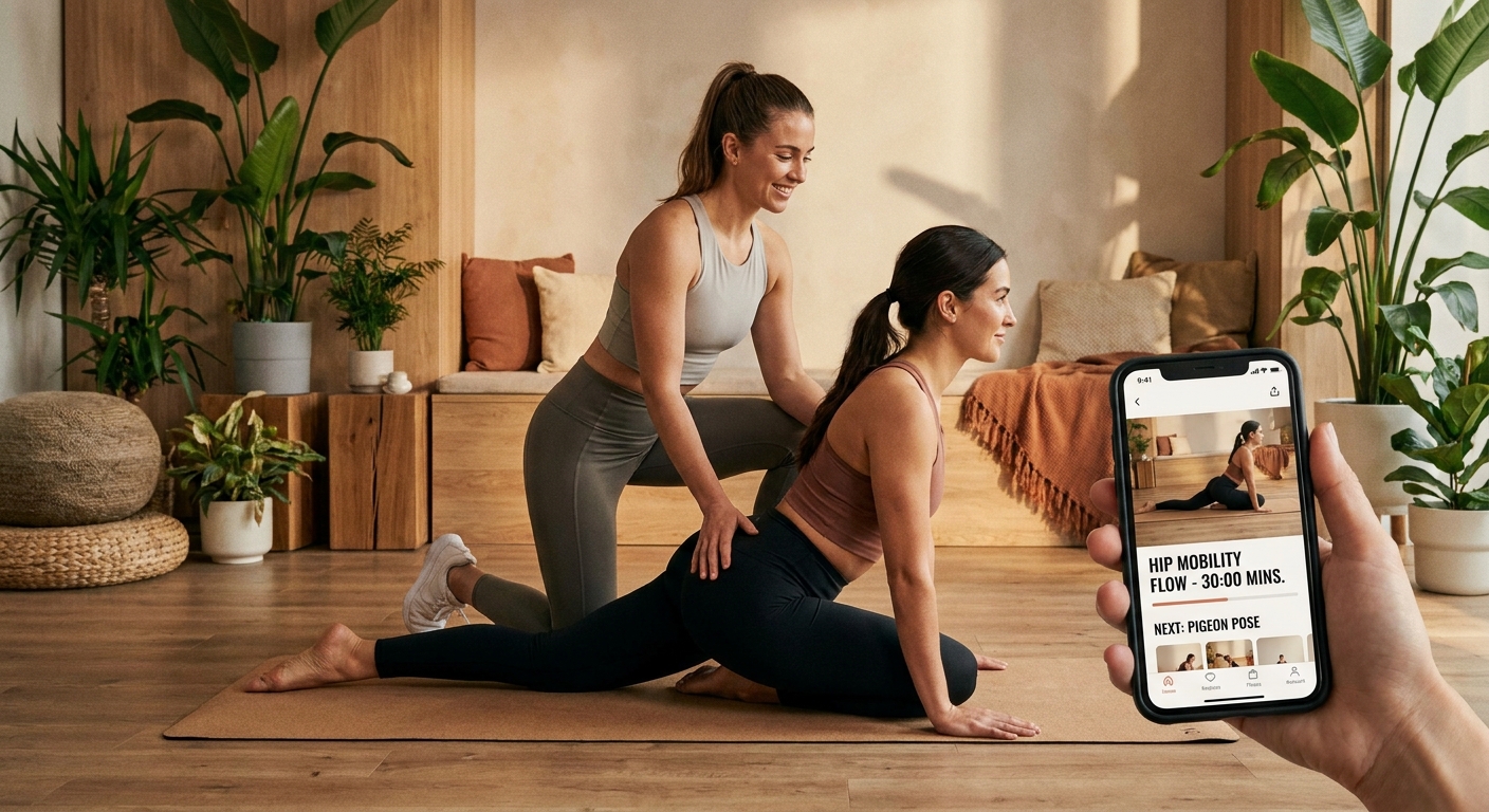 Personal trainer de treino feminino orientando aluna em exercício de alongamento e mobilidade com o app Millbody