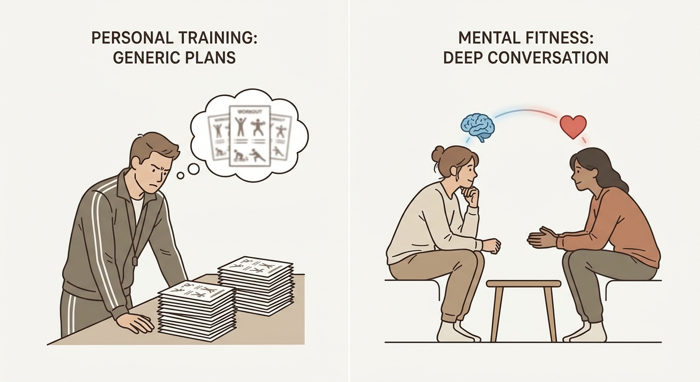 Coach de mentalidade fitness em sessão de coaching comportamental com cliente, demonstrando conexão emocional e transformação mental