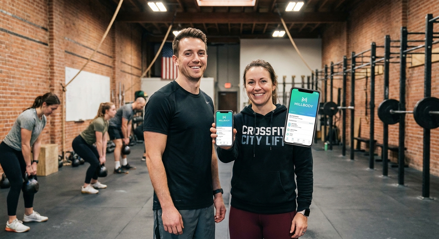 Coach de CrossFit sorrindo ao lado de aluno usando o app Personal Millbody no smartphone em um box de treino