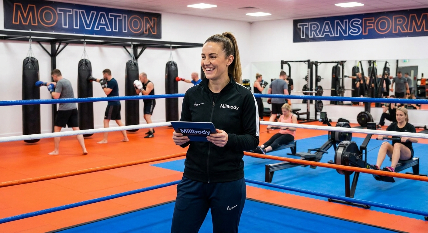 Coach de Emagrecimento em ringue de MMA segurando tablet com logo da Millbody
