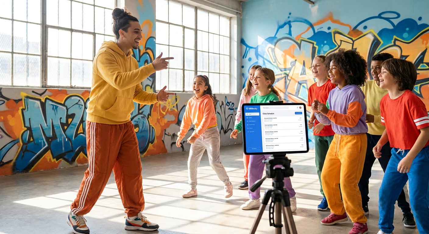 Professor de dança urbana interagindo com alunos em estúdio com app Millbody