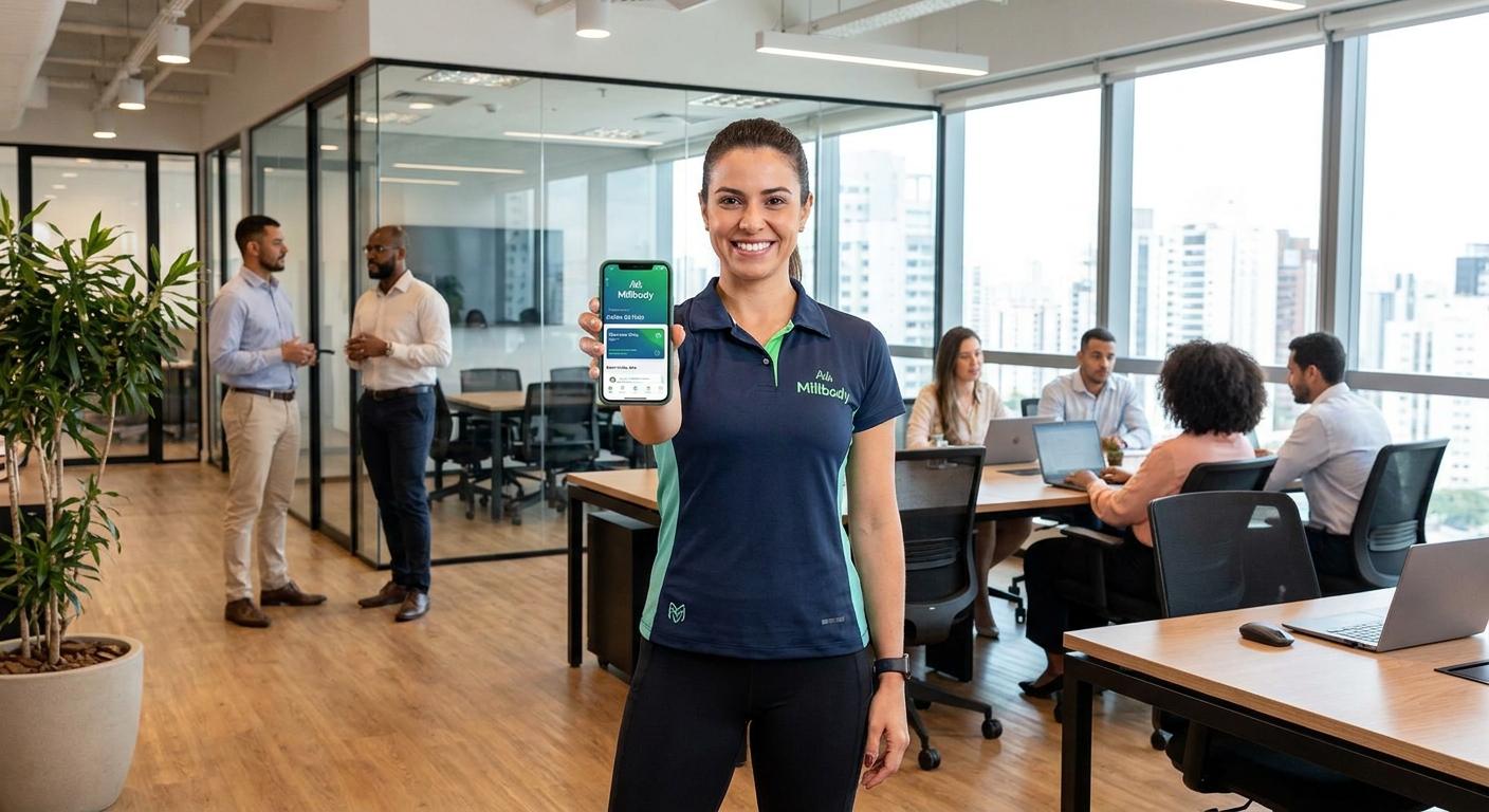 Profissional de ginástica laboral utilizando o app Millbody em ambiente corporativo