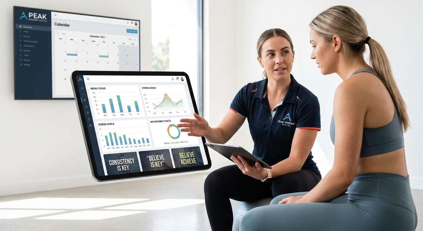 Coach de mentalidade fitness utilizando uma plataforma personal trainer completa para acompanhar seu cliente.