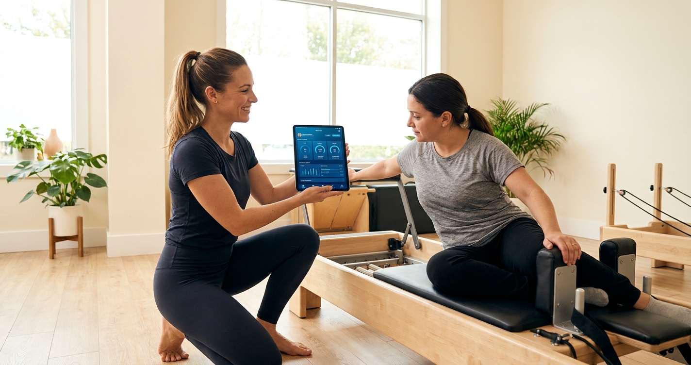 Professora de Pilates sorridente atendendo aluna em estúdio claro e segurando tablet com o app da Personal Millbody aberto