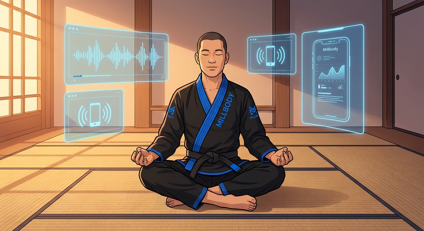Millbody vs MFit: instrutor de BJJ usando tecnologia para meditação em movimento Instrutor de Jiu-Jitsu em posição de meditação no tatame com elementos tecnológicos sobrepostos representando a plataforma Millbody vs MFit para personal trainers body mind